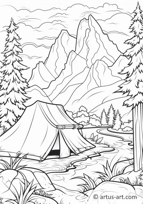 Pagină de colorat cu camping în munți